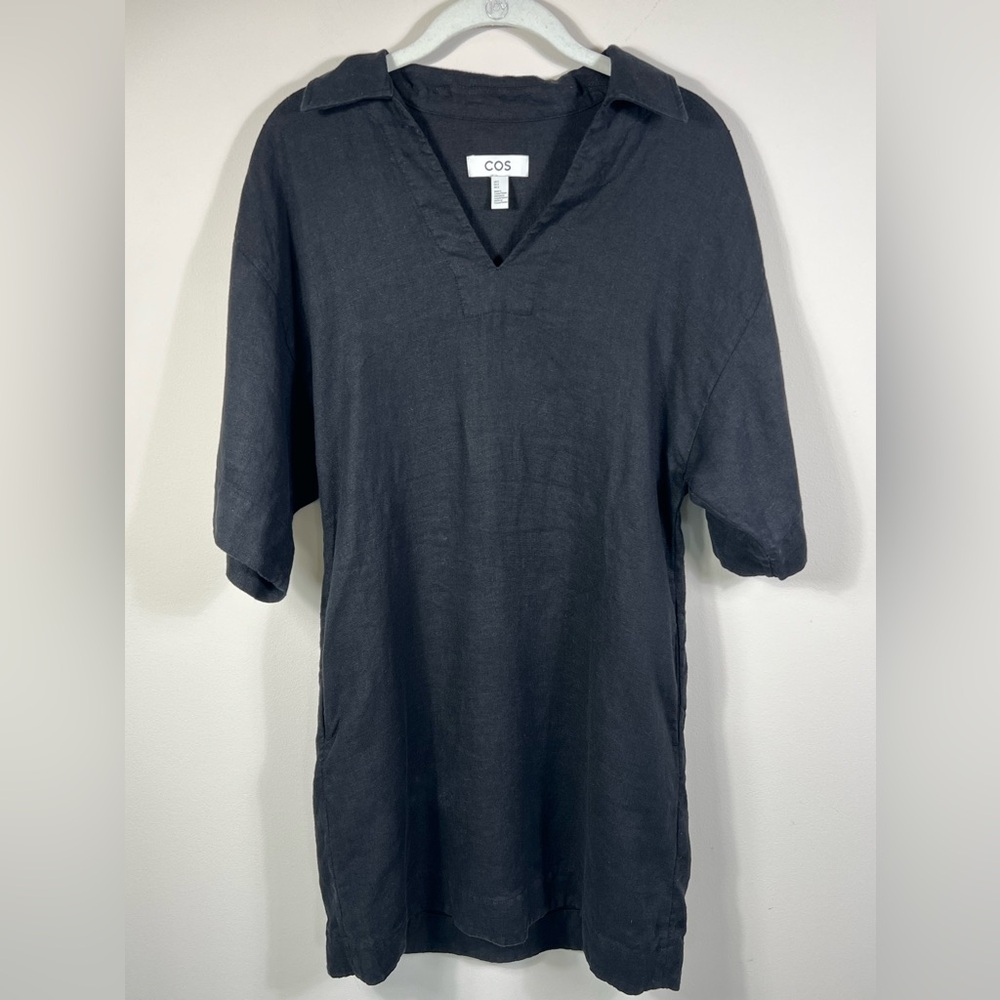 COS OPEN-COLLAR LINEN SHIRT DRESS, black, size 2
